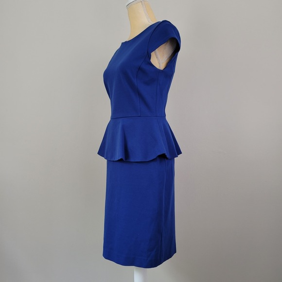 BANANA REPUBLIC Size 4 Blue Ponte Exposed Zipper Cap Sleeve Peplum Sheath Dress - Picture 2 of 8